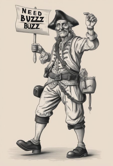 "Need some Buzz" An old, blind, cartoon British pirate, on one leg, stretches out his hand to the viewer asking for money. Around the pirate's neck hangs a sign "Need some Buzz"   <lora:texta:0.9>