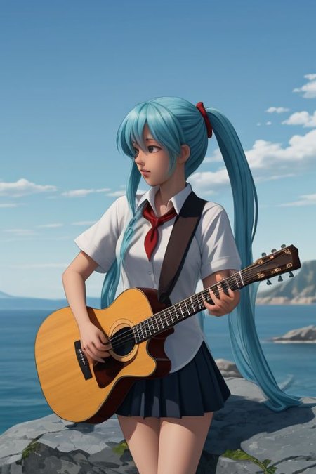 mi, Anime girl 1 girl, solo, aqua hair, long hair, long ponytails, white collar shirt, blue pleated skirt, red neckerchief, standing on a rock, playing guitar, ribbon, sky, front view