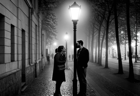 monochrome, instagram photo, a couple is standing by a street lamp and kissing. it's autumn, foggy and it's night time