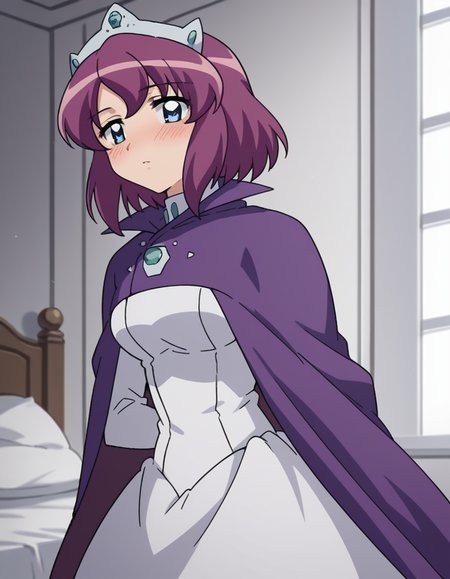 score_9, score_8_up, score_7_up, source_anime,
henriettadetristain, <lora:henrietta-de-tristain-s3-ponyxl-lora-nochekaiser:1>,
henrietta de tristain, short hair, blue eyes, purple hair,
long sleeves, hat, dress, cape, tiara, crown, purple cape, white dress, long sleeves,
indoors, bed, bed room, on side, blush, drunk,
looking at viewer, cowboy shot, solo, dutch angle