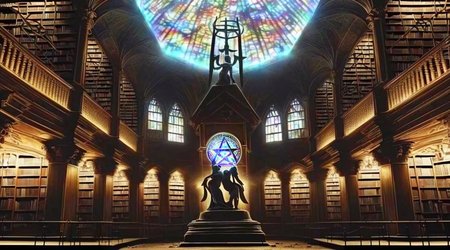 (horror) photography of arcane magical (library), abandoned intricate detail, many levels, spooky, dusty. ((((statue))) (female girl woman nude)), close up middle ages, medieval, (nude, wings), podium, jewelry, (realistic:1.3), masterpiece, high quality, realistic lighting, lamps, 8k, hdr, painted ceiling, (broken windows), ((ritual pentagram floor molten glowing altar)) circle, satanic