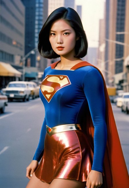 1980s Supergirl film costume, youthful raven-haired Korean Supergirl, facing forward, shiny voluminous smooth straight side-parting short bob haircut, Supergirl film 1980s, ultra-realistic photo, Hyperdetailed photography, sharp focus