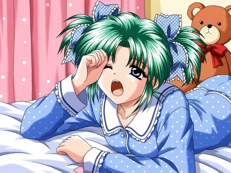 general,highres, ultra-detailed,very aesthetic,best quality ,best hands, BREAK <lora:Minase_Ruka_Akumu_AoiKajitsunoSange_IS:1>
Minase_Ruka, 1girl, solo, green hair, short twintails, blue eyes, hair ribbon, blue plaid ribbon, 
one closed eye,
blue pajamas, long sleeves, pajamas, teddy bear, on bed, shirt, hand up, curtains, polka dot,
Yawn,