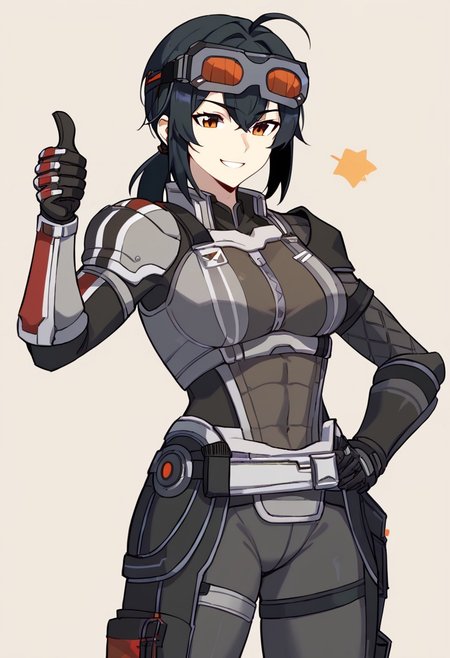 score_9, score_8, score_7_up, score_6_up, 1girl, solo,  n7 armor, armor, BREAK, zzzGrace, black hair, ahoge, short ponytail, goggles on head,bodysuit under clothes, hand on hip, cowboy shot, smile, thumbs up, simple background
