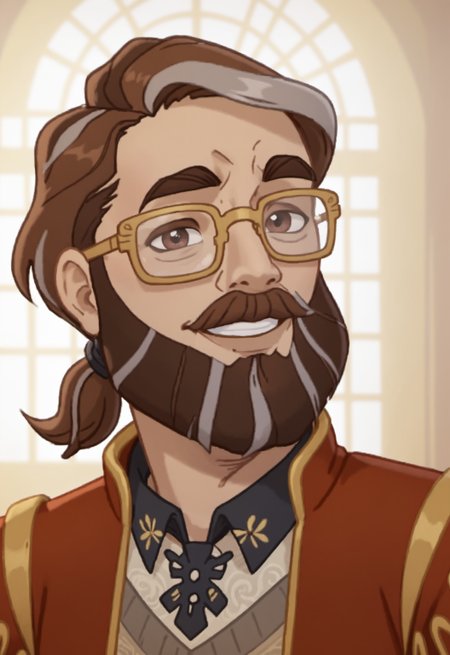 safe_pos, safe_pos, score_9, score_8_up, score_7_up, rating_nsfw, ultra hd, absurdres, solo, 1boy, masterpiece, best quality, best aesthetic, male focus, erotic, mature male, Expressiveh, wolfconf,

EAHPiedPier, facial hair, beard, brown hair with ponytail, multicolored hair, glasses, red coat, shirt with design, (portrait), headshot, looking at viewer, smiling, great lighting