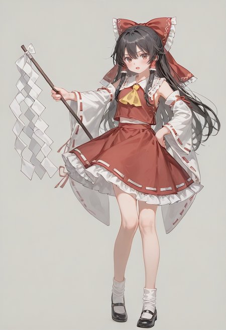1girl,touhou,bare shoulders,black footwear,black hair,blush,bow,brown eyes,detached sleeves,frilled skirt,frills,full body,hair between eyes,hair bow,hair tubes,hand on own hip,japanese clothes,long hair,nontraditional miko,open mouth,red bow,red skirt,ribbon-trimmed sleeves,ribbon trim,shoes,sidelocks,skirt,socks,solo,white sleeves,white socks,wide sleeves,holding,standing,standing on one leg,gohei,long sleeves,frilled sleeves,frilled bow,yellow ascot,ribbon-trimmed skirt,frilled shirt collar,white background,ascot,mary janes,red eyes,ofuda,simple background,hair ornament,looking at viewer <lora:CunnyFunkyXL_NB11_lokr_V6311P:0.95>