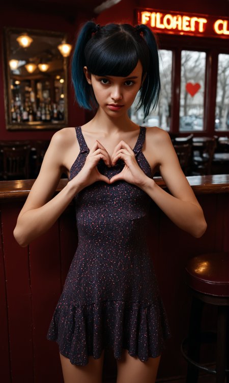 slim girl in a pub  ,  fiheartcl,  making heart with hands, colorful short dress  , (dark short wild hairstyle)   <lora:FingerHeart:.8>