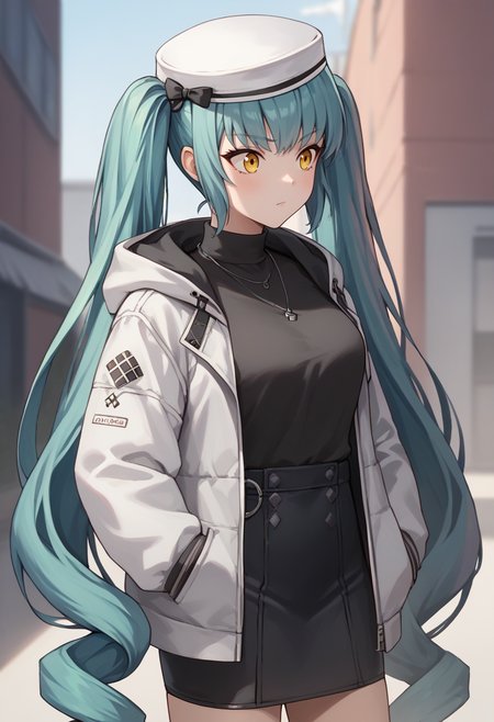 score_9, score_8_up, score_7_up, source_anime BREAK 1girl, solo, <lora:privaty-nikke-richy-v1_pdxl:1> privatycasual, yellow eyes, aqua hair, twintails, very long hair, white headwear, white jacket, black sweater, black skirt
