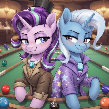 score_9, score_8_up, score_7_up, score_6_up, score_5_up, score_4_up, g4, duo, pony, feral pony, Trixie, starlight glimmer, coat, fur coat, top hat, jewelry, happy, smile, casino, billiards, playing billiards, blushing, cute, glare, high res, lidded eyes, detail face, detail face