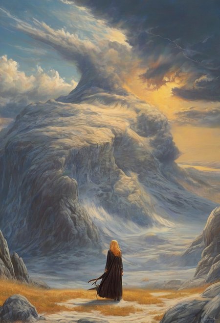 1woman, blonde hair, the grim reaper, facing away, rocky hill, standing, robe blowing in the wind, clouds, sky, sunset, stars, cosmic, in meditation, ultra detailed landscape, bright yellow, energy surrounding surrounding him, volumetric lighting, ultra detailed clothes, ultra detailed body, ultra detailed hair, a city made of blue crystals is on fire in the distance, serenity, holding a sword,
by Natalia Rak and Barclay Shaw in the style of Jessica Rossier,  <lora:EnvyAnimeWatercolorXL02:0.60> ,   Elmore_Style_LX <lora:Elmore_Style_LX-000011:0.60>