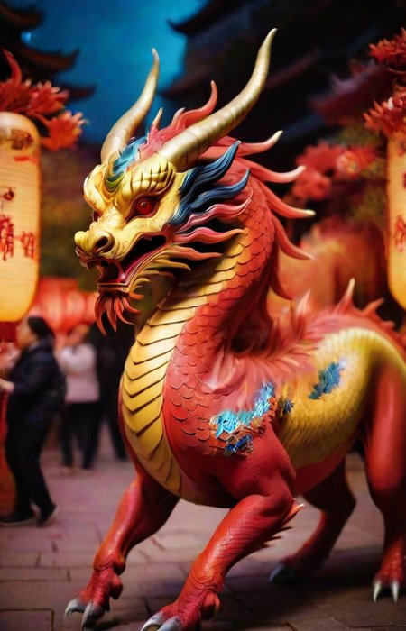 A vivid and ((multicolored Qilin), midnight, in a chinese red lantern festival street with people walking around), magnificent horns, vibrant feathers, majestic and legendary, captures attention with its vibrant hues, colorful high contrast, from china, festival of rich colors, hong kong, epic colors, formidable, rain, eyes lit, standing in the dark, anamorphic lens flares 4k, best of behance, holy flame crown spell, creative commons attribution, wallpaperflare, steven jung, trending on mentalray, hyper realstic, featured on pexels, big horn, highly beautiful, casting a magic spell, color overlay, ð, pr0f3ss10n4l <lora:QilinSDXL:1.35> <lora:sdxl_LCM_lora_rank1:1.15>