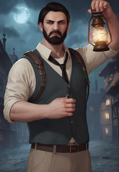 score_9, score_8_up, EdwardPierce, short hair, black hair, brown eyes, facial hair, beard, white shirt, sleeves rolled up, black necktie, vest, holster, looking at viewer, serious, dynamic pose, detailed background, dutch angle, old town, night, moon, green mist, dark clouds, upper body, cowboy shot, khaki pants, belt, holding a lantern, bloom, 
