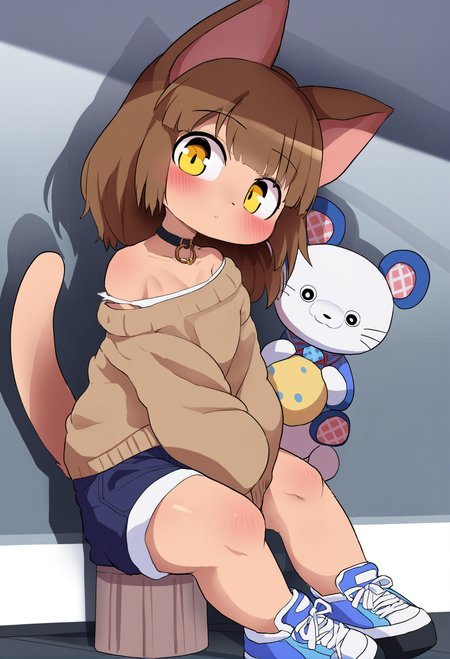 masterpiece, hyper detailed, best quality,(furry:1.3),1girl, brown hair, animal ears, tail, solo, sitting, long hair, sweater, shorts, shoes, stool, yellow eyes, animal on shoulder, sneakers, looking at viewer, off shoulder, bangs, full body, short shorts, animal, off-shoulder sweater, brown sweater, long sleeves, cat ears, cat, bare legs, shadow, choker, blue footwear, between legs, blue shorts  ,<lora:DAGASIXLlokr8f-000188:0.95>