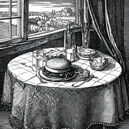 durer, engraving, monochrome, an appetizing hamburger on the table, the light from the window, the tablecloth on the table, <lora:DURER-01:1>