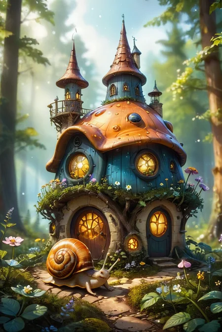 A hyper-realistic and surreal scene featuring a snails-shaped house in the middle of a forest. The surroundings are adorned with small flowers and glowing fireflies, adding a magical touch. The image is captured using tilt-shift photography, creating a dreamy, blurred background with a slight mist, enhancing the whimsical and fantastical atmosphere. The details of the snails house, the delicate flowers, and the fireflies are meticulously rendered, making it a captivating and enchanting visual experience.
hyper-realistic, surreal, snails-shaped house, forest, small flowers, glowing fireflies, tilt-shift photography, dreamy, blurred background, slight mist, whimsical, fantastical, meticulously rendered, captivating, enchanting visual experience.
<lora:20240627-1719439682067:0.8> FRESHIDEAS Fantasy Cottage,
<lora:add-detail-xl:1.0>,
<lora:EnvyBetterHiresFixXL01:1.0>,
<lora:extremely_detailed:1.0>, extremely detailed, 
<lora:EldritchMixIllustration_1.1:0.75>,
<lora:zavy-cntrst-sdxl:0.5> dark, chiaroscuro, low-key,