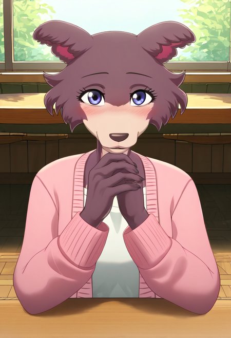 zPDXL, score_9_up, score_8_up,_7_up, score_6_up, score_5_up, score_4_up ,source_furry, best quality, amazing quality, masterpiece, 1girl, looking at viewer, solo, close, face focus, upper body, cute, blush, seductive smile, cute pose, outoors, cafe,  sitting at the table, juno, wolf girl, brown-purple fur, blue eyes, wolf tail, pink cardigan, white t-shirt, green pants, <lora:JunoUpdated:0.8>,  whisperfoot, <lora:Whisperfoot:1>, Expressiveh, good_hands, <lora:Expressive_H:0.8>, <lora:Detail_Slider_v1.4_iteration_3:4>, <lora:pony_good_hands:0.8>