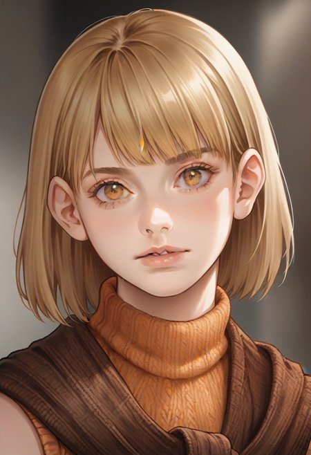 <lora:ashleygraham:0.9>, ashleygraham, photorealism, 1girl,solo,blonde hair,bob cut,bangs, golden eyes,orange turtleneck,sleeveless,brown sweater over shoulder,,green plaid skirt,brown belt, ,,,