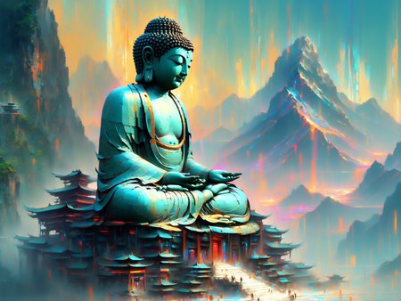 mountain range, temple, buddha statue, mad-cybrpnkimprss, cyberpunk, impressionism, (masterpiece:1.2), best quality, (hyperdetailed, highest detailed:1.2), high resolution textures