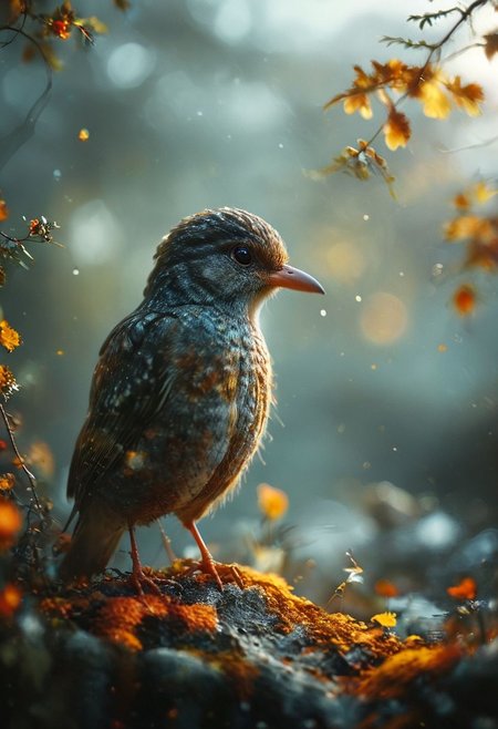 A mesmerizing close-up portrait of a gorgeous little bird illuminated by the soft, golden light of a tranquil morning, with vibrant bokeh balls gently framing its delicate form. The image is rendered in sharp detail, capturing every feather and intricate feature of the bird with stunning clarity. Soft, diffused lighting enhances the warmth and radiance of its plumage, while the high-quality bokeh adds a touch of magic to the scene. Multiple image exposures are expertly combined to emphasize the bird's vibrant colors and captivating gaze. This stunning image is rendered in insanely high resolution, realistic, 8k, HD, HDR, XDR, focus + sharpen + wide-angle 8K resolution + HDR10 Ken Burns effect + Adobe Lightroom + rule-of-thirds + high-detailed bark. Canon EOS 5D Mark III, 1/160s, f/8, ISO 100. The resulting image is a masterpiece of nature photography, with lifelike colors and exquisite details that evoke a sense of tranquil beauty. (tranquil yet evocative:1.2) 
shimmering digital colors, mixed media, textured paper, overlapping, asymmetrical, abstract, vibrant
many details, extreme detailed, full of details,
Wide range of colors.
Many details everywhere. soft shadows. Low saturation colors. Insane quality. Insane resolution. Insane details. Masterpiece. 32k resolution.
Dramatic,Dynamic,Cinematic,Sharp details
 <lora:add-detail-xl:1> <lora:MJ52:1> <lora:ral-apoctvisn-sdxl:1> <lora:zavy-cntrst-sdxl:1>