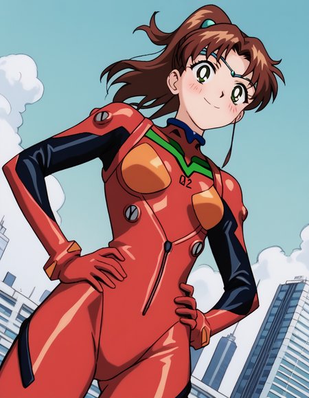 score_9, score_8_up, score_7_up, source_anime, <lora:makoto-kino-supers-movie-ponyxl-lora-nochekaiser:1>, makoto kino, brown hair, circlet, green eyes, hair bobbles, hair ornament, medium hair, ponytail, sidelocks, parted bangs,, <lora:souryuu-asuka-langley-cosplay-ponyxl-lora-nochekaiser:1>, souryuuasukalangleycosplay, souryuu asuka langley (cosplay), bodysuit, pilot suit, plugsuit, red bodysuit, interface headset,, cityscape, smile, blush, hands on hips,, , cowboy shot, dutch angle