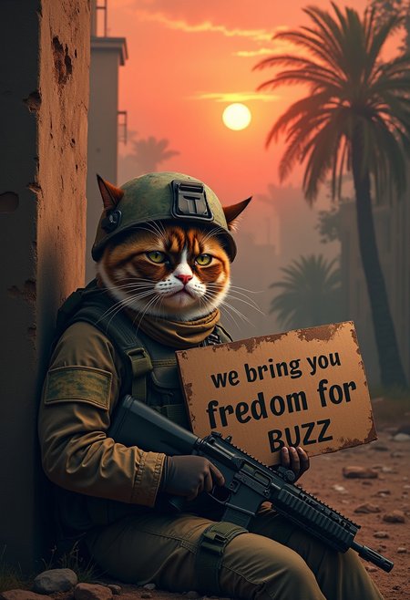 A realistic picture of cat army operator sitting against wall  holding a cardboard sign that reads  "we bring you freedom for BUZZ". Overhead shot of the iconic orange Grumpy Cat reimagined as a battle-hardened American special forces in the ruined city in midle east, . Orange Cat, dressed in rugged military gear with a helmet slightly askew, holds a modern assault rifle with a determined yet perpetually unimpressed expression. The ruined city  after war around him is dark and foreboding, with thick foliage, towering trees, and a misty atmosphere that hints at the dangers lurking within. In the background, a10 warthog soar above the treetops, their silhouettes barely visible through the smoky, war-torn red sky at Sunset. mouth is wide open, clearly shouting, "More BUZZ, we need more BUZZ! "will work " is boldly displayed at the top, with a gritty, distressed font that echoes classic war movie posters. The overall tone of the poster is intense and surreal, combining the seriousness of a Gulf War epic with the humorous, deadpan attitude of Grumpy Cat. <lora:schnell_v1.0:0.8>