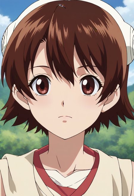 <lora:SlimesYuzuriha:1>, slimes_yuzuriha, woman, solo,short hair,brown hair,brown eyes,
