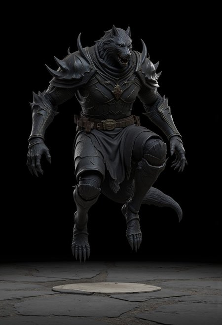 a huge armored black dire wolf with gray fur streaks, imposing aura, with a medieval armor
Foating above a flat gray ground and black background, the camera angle is high rotated at a 45 degree angle Set against a solid dark black color background to emphasize its unnatural form that emphasizes its silhouette. The medium is not a traditional painting or illustrative medium like watercolor or ink but rather a digital 3D rendering. 
MikeFranchinastyle, bbstyle,, horror theme,, ZBClay model of a gray sculpture, zbrush, d4arks0uls, overcast lighting, gothic-fantasy style, mystical aura