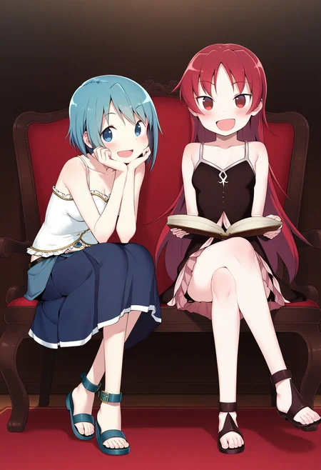 masterpiece,best quality,amazing quality,
miki sayaka, multiple girls, 2girls, red hair, sakura kyouko, blue hair, long hair, red eyes, black dress, crossed legs, blue eyes, smile, dress, sitting, book, sandals, short hair, holding book, skirt, holding, open mouth, blue skirt, looking at viewer, head rest, spaghetti strap, camisole, hair down, midriff, blush, bare shoulders, sleeveless, breasts, collarbone, :d,
 <lora:Solopipb:1>
