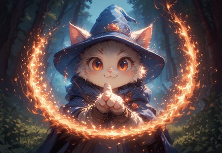 score_9, score_8_up, score_7_up, (cute, fluffy little cat, happy cat, wearing magical hat, casting magic spells, kawaii, big eyes:1.2), red spell bind, burning forest background, flames around vibrant, concept art, digital art, realistic, hkmagic, hkanimal