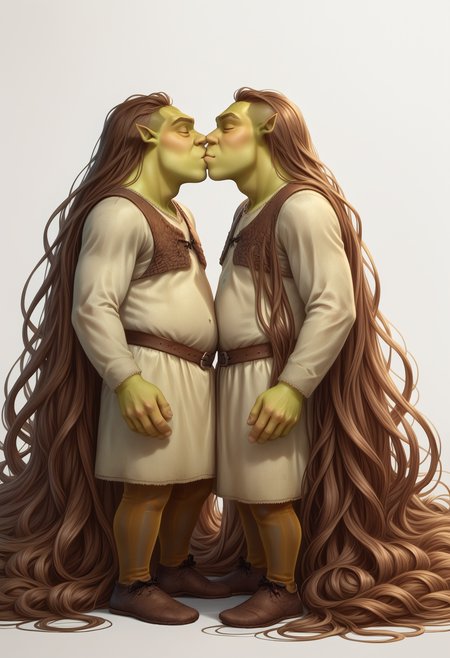 score_9_up, score_8_up, score_7_up, detailed, portrait, shrek, absurdly long hair, floor length hair, very long hair, brunette, twins, 2boys, kissing, making out, eyes closed, simple background, <lora:FloorLengthHair:0.8>, <lora:Shrek_XLPD:1>