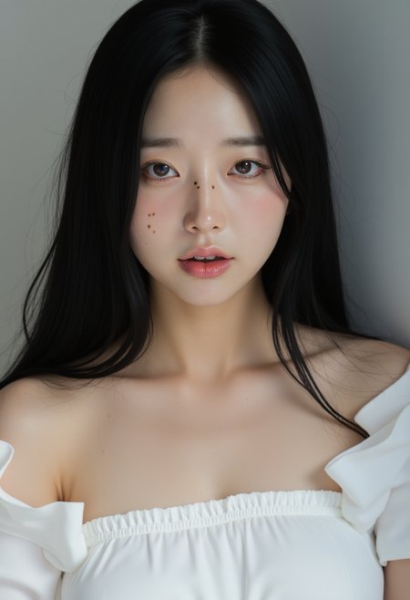 photo of a korean woman,1girl,solo,black hair,realistic,long hair,looking at viewer,upper body,lips,freckles,parted lips,collarbone,bare shoulders,shirt,black eyes,white dress,off shoulder,