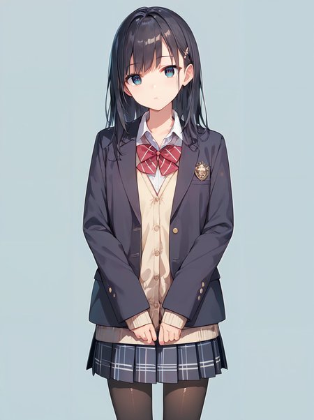 score_9, score_8_up, score_7_up,source_anime, high res image,masterpiece,best quality,(girl:1.0),cute face,clear skin,shiny hair,ultra detailed eyes,simple background, <lora:school uniform cardigan_pony_V1.2:0.8> school uniform, blazer,  cardigan, skirt pantyhose