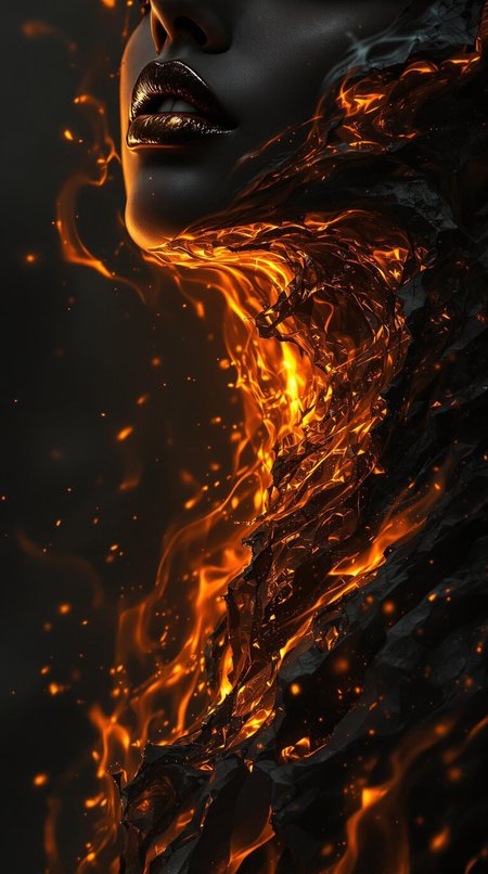cinematic composition of a female human lower face and upper chest, emerging from intense, swirling flames. Metallic bronze lips and a portion of jawline visible against darkcoal skin. Dynamic fire textures in amber, golden-orange, and deep red, intricately blending with human contours. Dramatic chiaroscuro lighting revealing fragmented body anatomy, symbolizing inner transformation and hidden power. 
Photo realism oil painting with intricate flame details, creating a sense of emergence and metamorphosis. Victorian gothic atmosphere, digital art, digital painting, matte painting
