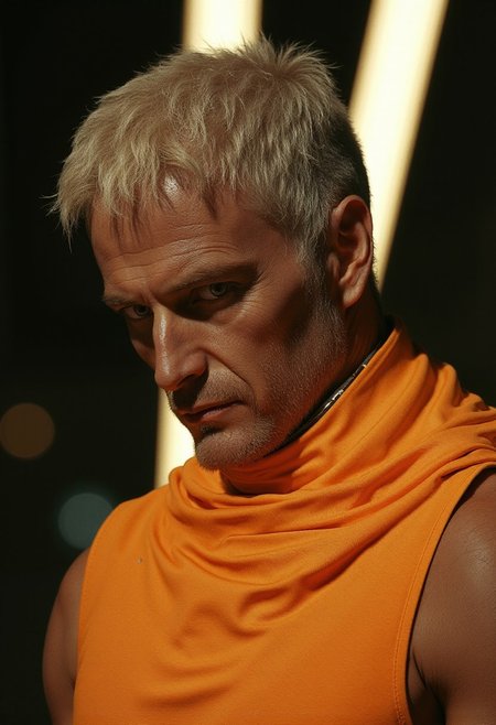 Cinematic close-up portrait of a rugged man with short messy blond hair, inspired by Korben Dallas from 'The Fifth Element'. He wears a clean, minimalistic bright orange sleeveless shirt, fitted and futuristic, with subtle fabric textures but no bulky armor. His expression is calm but determined, exuding resilience and strength. His skin shows slight roughness and life experience. Cinematic soft lighting, dramatic shadows highlighting his features. The background is blurred, suggesting a futuristic cityscape with soft neon lights. Sci-fi elegance, minimalistic style, hyper-realistic, ultra-detailed portrait, masterpiece, 8k.