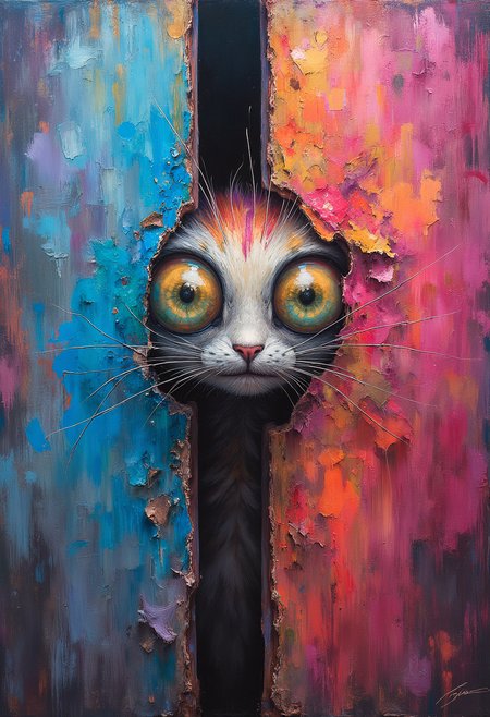 A whimsical creature peeks into the right side of a vertical canvas, its large, curious eyes staring directly into the frame as if observing the viewer. The frame itself appears to bend slightly, reacting to the creatureâs playful presence, creating the illusion that itâs part of the scene, Vibrant Glow