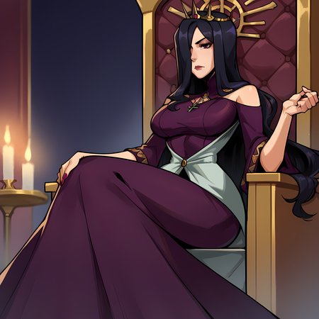 score_9,score_8_up,score_7_up,score_6_up,source_anime,rating_questionable,solo, 1girl,  <lora:Queen_Nancy_-_Skullgirls:0.8>QueenNancy,long hair, hair over one eye, black hair, crown, golden detailing on dress,  mature woman,on throne, lounging, bored, purple dress, royal, zPDXL2,