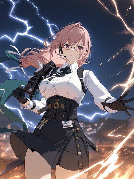 1girl, tsukishiro yanagi, solo, glasses, black gloves, high-waist skirt, white collared shirt, single pauldron, earpiece, harness, neck ribbon, cowboy shot, lightning, electricity, aura, embers, looking at viewer, floating hair, glaring, midair, fighting stance <lora:Char-ZZZ-Yanagi-SDXL-V1:0.9>, masterpiece, best quality, very aesthetic, ray tracing, newest, illustration, incredibly absurdres, ultra detailed, [<lora:detailed_notrigger:0.95>::0.5]