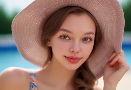 anna, highly detailed face, by the pool, big lips, elegant hat, summer dress, russian girl, looking at viewer, smirking, bokeh, sharp, ultra detailed