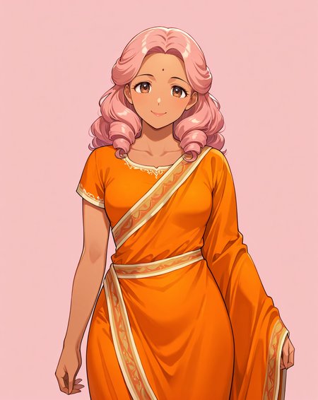perfect quality, best quality, masterpiece, 1girl, solo, simple background, pink background,
standing, cowboy shot, facing viewer,
smile, Vintage Pin-Up Curls, Medium pink hair, brown eyes, mature female, small breasts, dark skin,
indian clothes, bindi,
<lora:saree_illustrious:1>, saree, Orange saree,