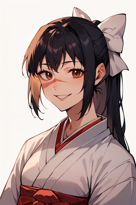 <lora:utahime_iori_jjk_xl:1>, score_9,score_8_up,score_7_up,score_6_up,utahime jjk, 1girl,solo,upper body, scar on face, long hair, brown eyes,black hair,parted lips ,smile, happy, japanese clothes, red hakama, miko, white background, hair bow, white bow,ponytail