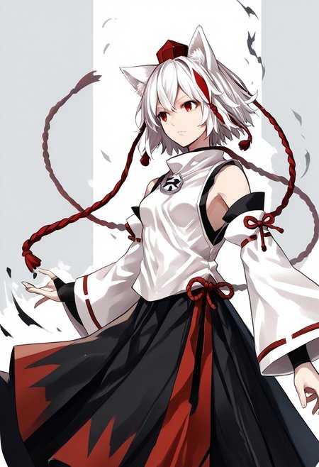 score_9, score_8_up, score_7_up, score_6_up, score_5_up, score_4_up, source_anime, solo, 1girl, 
inub4shir1_m0miji,white hair, short hair, wolf ears, red eyes, tokin hat, detached sleeves, two-tone skirt, 
masterpiece, best quality, very aesthetic, absurdres,