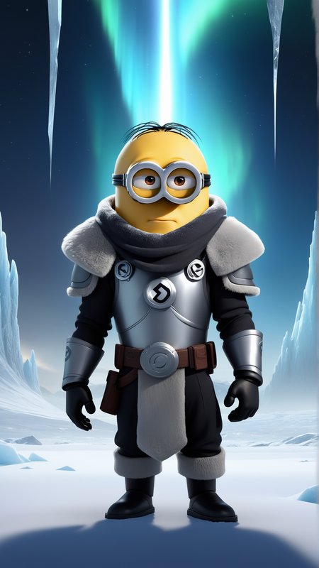 fantasy, archaeology  theme, <lora:MinionStyleXL:1> MinionStyle portrait, solo, (full body:0.6), detailed background, detailed face, (<lora:InfraBlackholeTech:0.6>,    inblackholetech theme:1.1), White winter warrior, (glowing eyes:1.05), stoic expression, paladin, dynamic pose,     ice shards,  cold, stormy background, northern lights in background  cinematic atmosphere, as a minion, 3D, pixar, CG