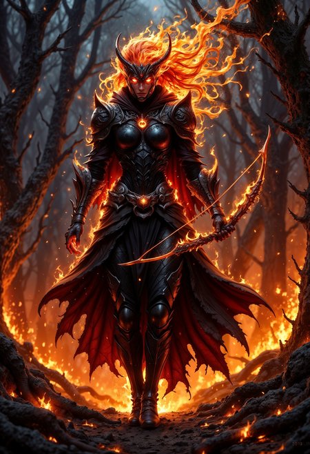 A fiery, intense scene of an infernal huntress, draped in blackened, molten armor, glowing with ember-like cracks. She stands amid a burning forest, holding a bow made of obsidian and fire. Her eyes blaze with a fierce, unquenchable rage, and her flaming hair whips wildly in the scorching wind. The ground around her is scorched, with embers floating in the air, and the trees burn with a supernatural intensity. The lighting is dramatic, with bright, fiery contrasts highlighting the huntress’s power and the destructive force she wields.