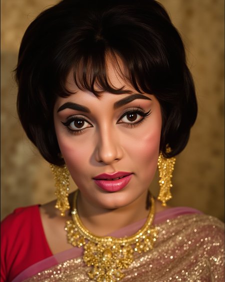 close-up portrait of Indian actress S4dh4n4, inspired by a 1970s Bollywood magazine photoshoot, bold eye makeup, side-swept voluminous hair, wearing a glittery chiffon sari with golden jewelry, dreamy soft focus, retro studio backdrop, vintage warm tones, graceful expression
 <lora:s4dh4n4_Sadhana_Flux_Kohya_V1b_500Steps:1.0> <lora:aidmaRealisticSkin-FLUX-v0.1:0.4000000000000001>
