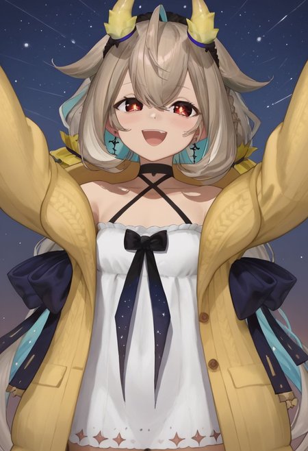 1girl, solo, standing, Utatane_Nasa, hair between eyes, multicolored hair, low twintails, very long hair, sidelocks, ahoge, red eyes, blonde hair, small breasts, colored inner hair, jewelry, earrings, horns, white dress, collarbones, halterneck, black choker, black hairband, bow, bare shoulders, jacket, yellow cardigan, puffy long sleeves, open clothes, coat, starry sky, waving, looking at viewer, open mouth, arm up, arms up, outstretched arms