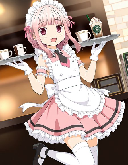 masterpiece, best quality, newest, absurdres, highres, safe, 1girl, tamaki iroha \(maid costume\), magia record: mahou shoujo madoka magica gaiden, white maid, white gloves, pink skirt, solo, leg up, tray, coffee shop, dutch angle, <lora:tamaki_iroha_noobaiXLNAIXL_vPred10Version:0.7>