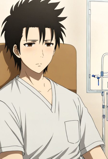 solo, 1boy, detailed_eye_model, easynegative, Soujirou Agata, Brown Eyes, Black Hair, inpatient room, soft light, hospital, medical furniture, sleep, pale, infusion, tired, sick, uncomfortable