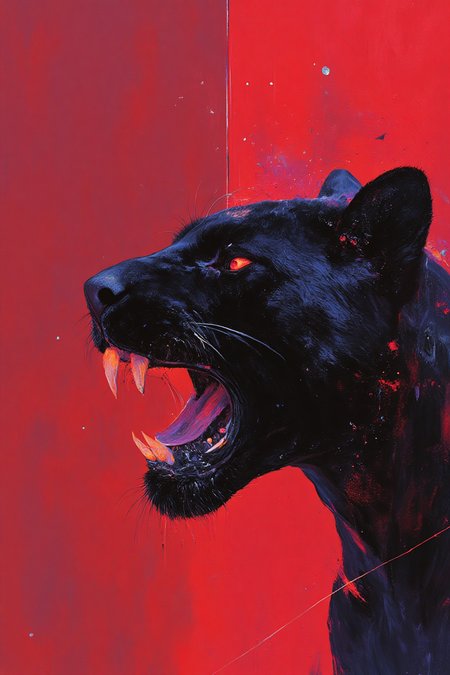 A highly stylized digitally drawn hyper-realistic artwork of a black panther in a side view, mouth open in an angry snarl, revealing sharp teeth and elongated fangs. The panther's sleek black skin has a chrome tint, giving it a reflective, almost futuristic sheen. Its intense red glowing eyes pierce through the scene, radiating power and aggression. The background is a vivid, deep red, amplifying the panther's fierce presence and creating a striking contrast against its dark, chrome-accented body. The panther's posture is tense, muscles taut, showcasing its predatory nature in an almost surreal, high-definition style. The reflective chrome elements on its skin enhance the dramatic, intense atmosphere, while its open mouth and glaring eyes evoke a sense of raw power and imminent danger. The overall composition highlights the panther's primal energy against the dramatic red backdrop.