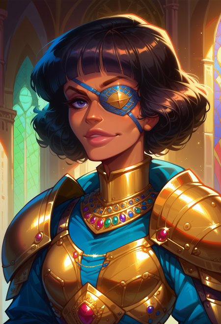 score_9, score_8_up, score_7_up,
solo, dark hair, tan skin, (big lips:0.8), bangs, blue shirt, sleeves, small breasts, indoors, castle, dark eyebrows, proud, detailed, confident, toned body, belts, duelist, elegant, fancy clothing, (close up:1.2), shoulder armor, black armor, intricate, sunlight, portrait, fully clothed, gold cape, eyepatch, fine details, looking at viewer, 
<lora:Vivid_Rhapsody:0.68> <lora:DetailedEyes_V3:1> <lora:xl_more_art-full_v1:1>