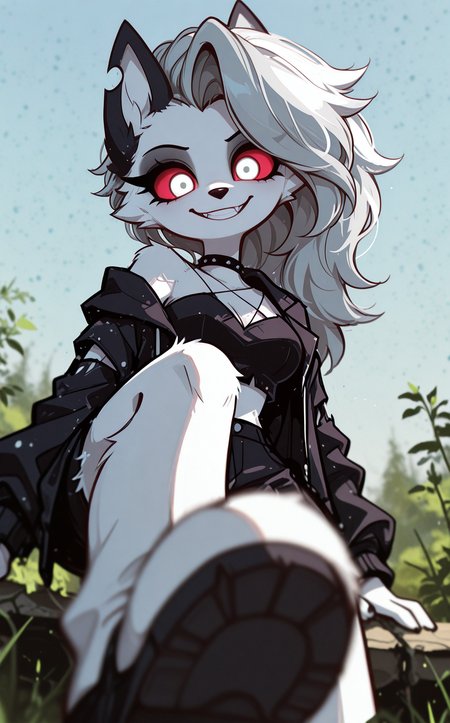 solo, (blurry, depth_of_field:1.4), [abstract:18], loona_\(helluva_boss\), red sclera, (dynamic comparison:1.3), masterpiece, best quality, very aesthetic, [sketch:no_lineart], looking_at_viewer, humanization, white fur, open_clothes, colored, breasts, evil_smile, , ground level shot,Low-Angle Perspective, [minimalism:0.9], outline, [white eye::0.5], foot shot, BREAK (depth_of_field:1.3), photorealistic background, outdoors, nature, blurry,